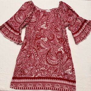 Umgee Red Paisley Boho Tunic Dress | Bell Sleeves | Size L